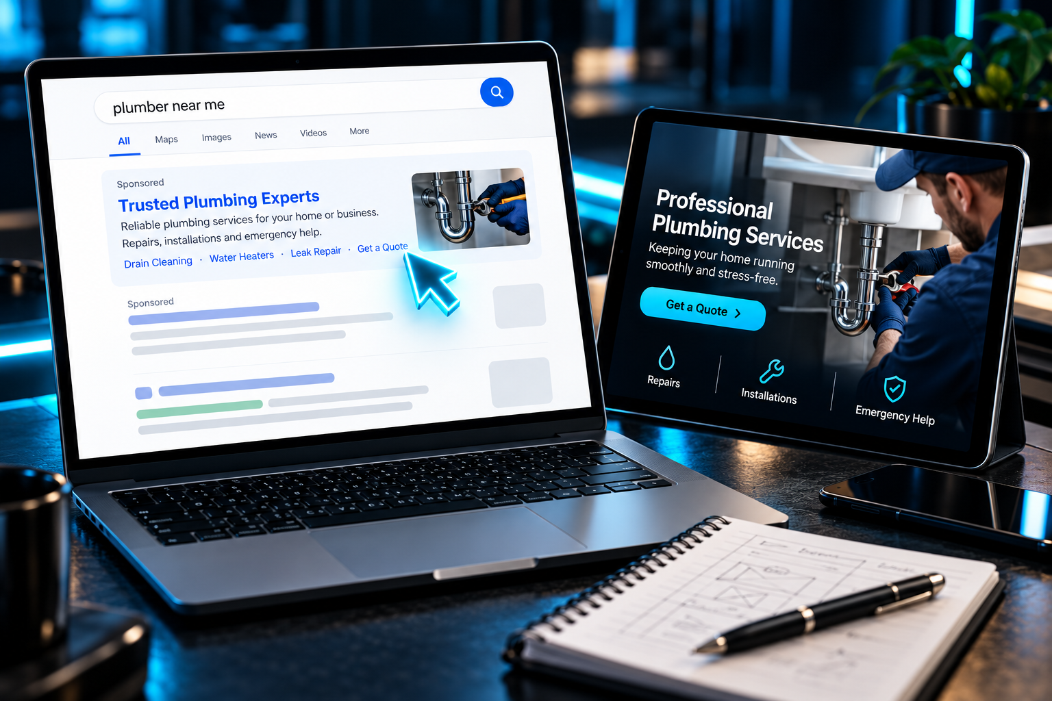 Search advertising and a matching business landing page